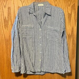 Just Living Navy and White Striped Women's Button Down Shirt